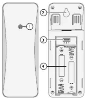 Diagram of a device rear panel with labeled components including battery, switch, and battery cells