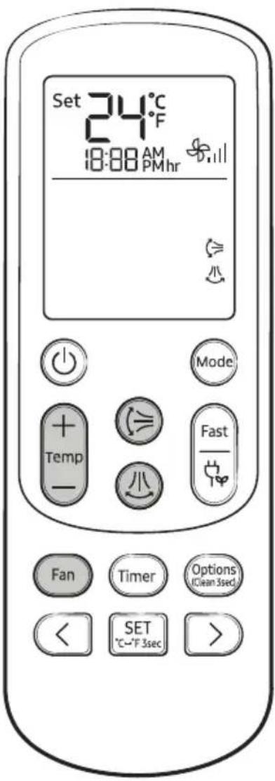 Set 24°C 18:00 AM PMhr Mode Temp Fast Fan Timer Options (Clean 3sec) SET °C~°F 3sec >