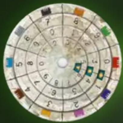 Circular diagram with numbered zones and colored blocks, possibly representing a game or puzzle layout.