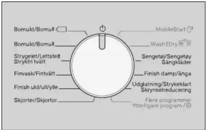 Bomuld/Bomull Bomuld/Bomull Strygelet/Lettstelt Strykfri tvätt Finvask/Fintvätt Finish uld/ull/ylle Skjorter/Skjortor MobileStart Wash2Dry Sengetøj/Sengetøy Sängkläder Finish damp/ånga Udglatning/Strykeklart Skrynkelreducing Flere programmer Ytterligare program /©