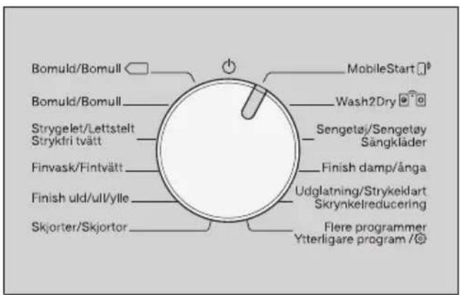 Bomuld/Bomull MobileStart Bomuld/Bomull Wash2Dry Strygelet/Lettstelt Strykfri tvätt Sengetaj/Sengetay Sängkläder Finvask/Fintvätt Finish damp/ånga Finish uld/ull/ylle Udglatning/Strykeklart Skrynkelreducing Skjorter/Skjortor Flere programmer Ytterligare program /©