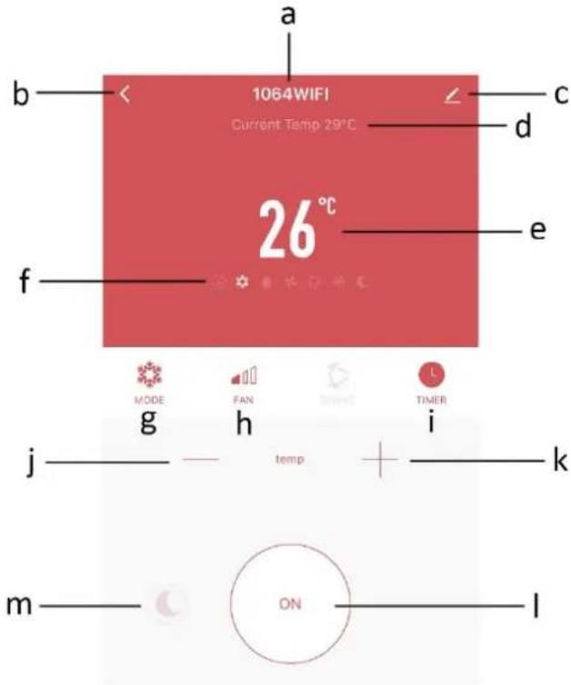 a b < 1064WIFI Current Temp 29°C c d 26°C e f MODE FAN TIMER g h i temp j k m ON l