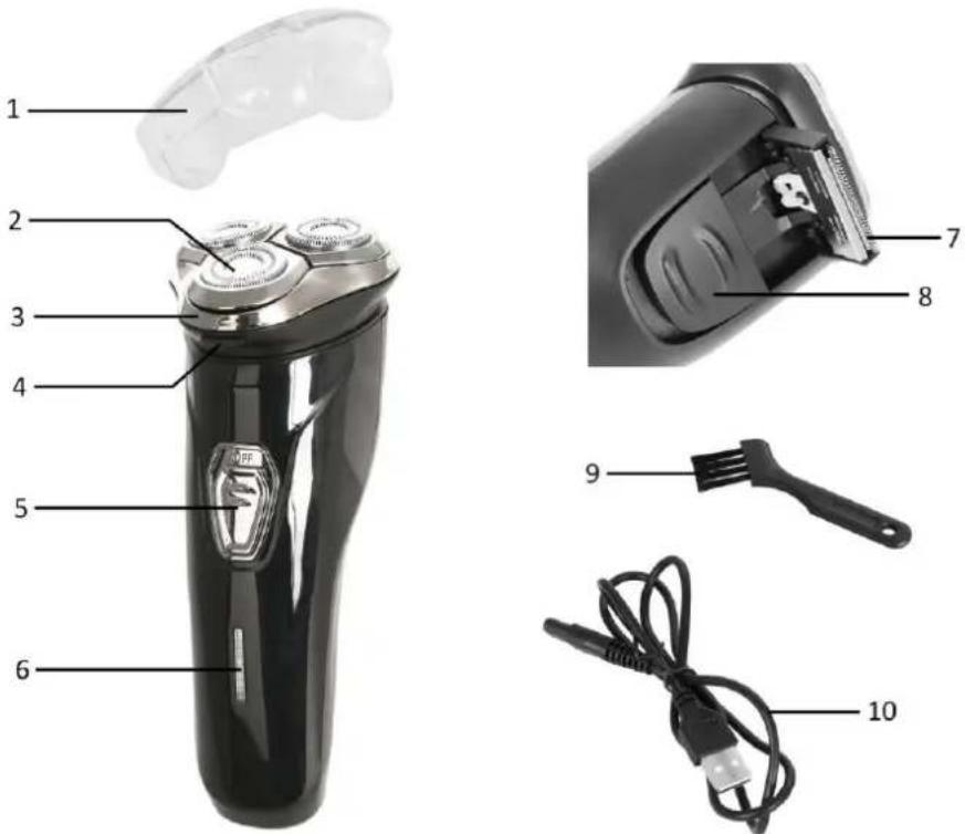 Labeled diagram of a hand-operated electric shaver with numbered parts including controller, power cord, and cable.