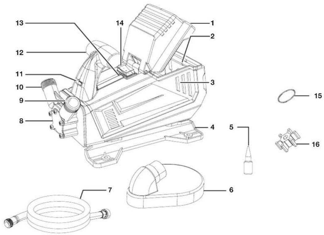 Technical diagram of a mechanical device with numbered parts and exploded view indicators