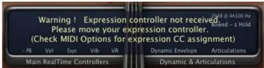 Warning ! Expression controller not received. Please move your expression controller. (Check MIDI Options for expression CC assignment) - PB Vel Expr Vib VR Main RealTime Controllers Dynamic & Articulations 2048 @ 44100 Hz Bowed - s Hold Dynamic Envelope Articulations