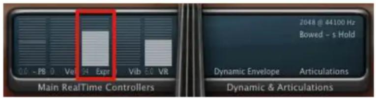 0.0 - PB 0 Vel 94 Expr 1 Vib 5.0 VR Main RealTime Controllers 2048 @ 44100 Hz Bowed - s Hold Dynamic Envelope Articulations Dynamic & Articulations