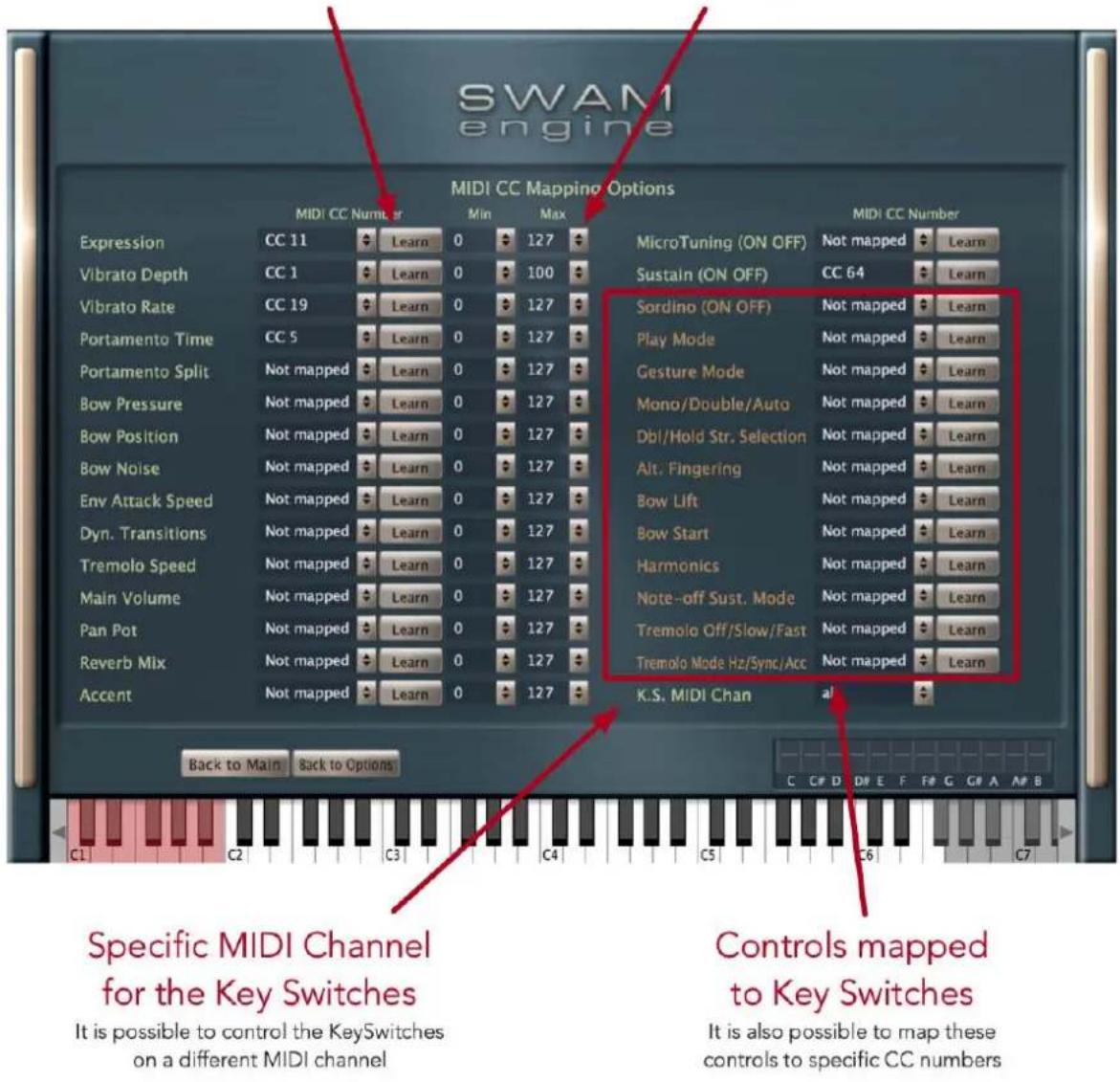 SWAM engine MIDI CC Mapping Options MIDI CC Number Min Max MIDI CC Number Expression CC 11 Learn 0 127 MicroTuning (ON OFF) Not mapped Learn Vibrato Depth CC 1 Learn 0 100 Sustain (ON OFF) CC 64 Learn Vibrato Rate CC 19 Learn 0 127 Sordino (ON OFF) Not mapped Learn Portamento Time CC 5 Learn 0 127 Play Mode Not mapped Learn Portamento Split Not mapped Learn 0 127 Gesture Mode Not mapped Learn Bow Pressure Not mapped Learn 0 127 Mono/Double/Auto Not mapped Learn Bow Position Not mapped Learn 0 127 Dbl/Hold Str. Selection Not mapped Learn Bow Noise Not mapped Learn 0 127 Alt. Fingering Not mapped Learn Env Attack Speed Not mapped Learn 0 127 Bow Lift Not mapped Learn Dyn. Transitions Not mapped Learn 0 127 Bow Start Not mapped Learn Tremolo Speed Not mapped Learn 0 127 Harmonics Not mapped Learn Main Volume Not mapped Learn 0 127 Note-off Sust. Mode Not mapped Learn Pan Pot Not mapped Learn 0 127 Tremolo Off/Slow/Fast Not mapped Learn Reverb Mix Not mapped Learn 0 127 Tremolo Mode Hz/Sync/Acc Not mapped Learn Accent Not mapped Learn 0 127 K.S. MIDI Chan all Back to Main Back to Options C C# D D# E F F# G C# A A# B C1 C2 C3 C4 C5 C6 C7 Specific MIDI Channel for the Key Switches It is possible to control the KeySwitches on a different MIDI channel Controls mapped to Key Switches It is also possible to map these controls to specific CC numbers