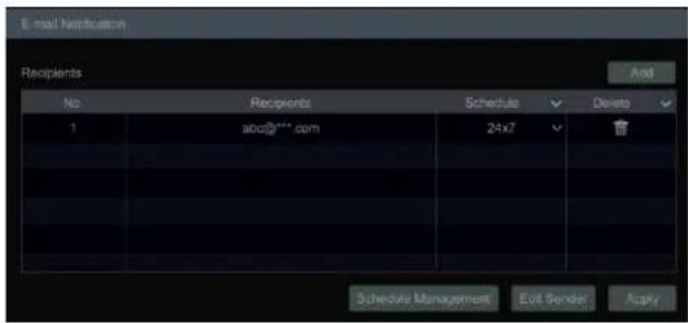 E-mail Notification Recipients No. Recipients Schedule Delete 1 abc@*** com 24x7 Schedule Management Exit Sender Apply