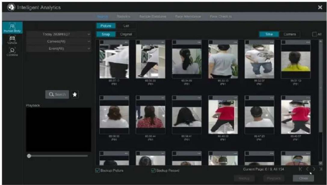 Intelligent Analytics Hunan Body Today 2029/8/27 Camels(All) Event(All) Picture List Snap Original Time Camers All Search Playback Backup Picture Backup Record Current Page: 6 / 9, All 154 BackUp Playback Close