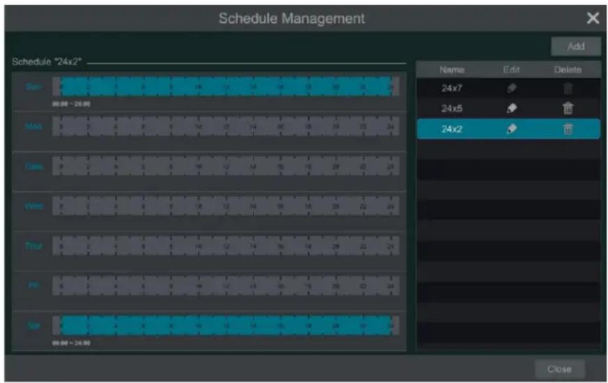 Schedule Management Schedule "24x2" 00:00 - 24:00 Run MIA Time Wind True Pill Sur Add Name Edit Delete 24x7 24x5 24x2 00:00 - 24:00 Close