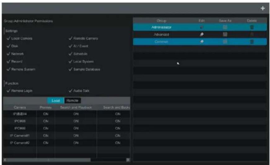 Group Administrator Permissions Settings ✓ Local Camera ✓ Remote Camera ✓ Disk ✓ AI / Event ✓ Network ✓ Schedule ✓ Record ✓ Local System ✓ Remote System ✓ Sample Database Function ✓ Remote Login ✓ Audio Task Local Remote Camera Preview Search and Playback Search and Back IP通道04 ON ON ON IPDB08 ON ON ON IPDB06 ON ON ON IP Camera01 ON ON ON IP Camera02 ON ON ON Group Edit Save As Delete Administrator Advanced Common