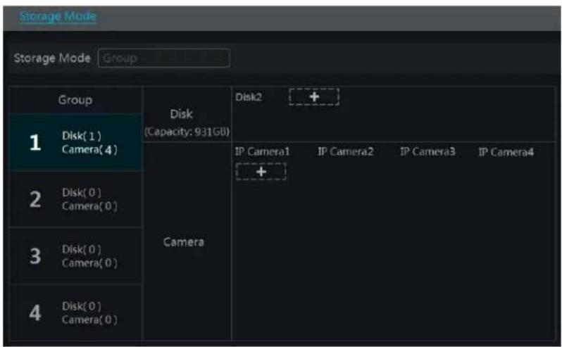 Storage Mode Storage Mode Group Group Disk (Capacity: 931GB) Disk2 + 1 Disk(1) Camera(4) Camera IP Camera1 IP Camera2 IP Camera3 IP Camera4 2 Disk(0) Camera(0) 3 Disk(0) Camera(0) 4 Disk(0) Camera(0)