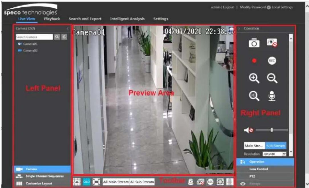 speco technologies Live View Playback Search and Export Intelligent Analysis Settings admin | Logout | Modify Password | Local Settings Camera (2/2) Search Camera Camera01 Camera02 Left Panel Camera01 04/07/2020 22:38:55 Preview Area Operation REC + - ID Right Panel Main Stre... Sub Stream Resolution 70ftx180 Operation Lens Control PTZ Customize Layout All Main Stream All Sub Stream TosAber REC