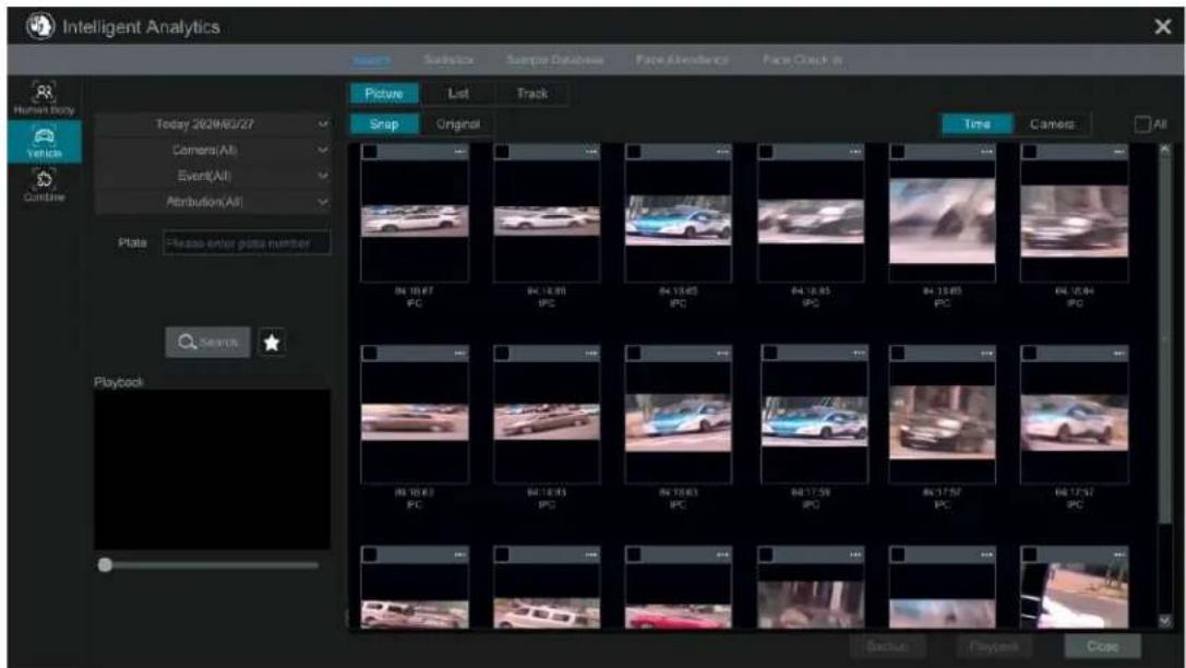 Intelligent Analytics Human Body Vehicle Continue Today 2021/03/27 Camera(All) Event(All) Attribution(All) Plate: Please enter photo number Playcock Snap Original Picture List Track Time Camera All Search Playcock BackUp Playback Close