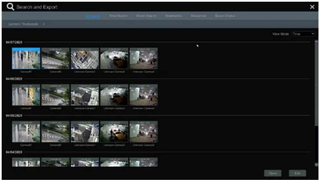 Search and Export 64/07/2020 View Mode Time Camera Universe 2 84/07/2020 Camera01 Camera02 Unknown Camera1 Unknown Camera2 Unknown Camera3 84/06/2020 Camera01 Camera02 Unknown Camera1 Unknown Camera2 Unknown Camera3 84/05/2020 Camera01 Camera02 Unknown Camera1 Unknown Camera2 Unknown Camera3 84/04/2020 Open Exit