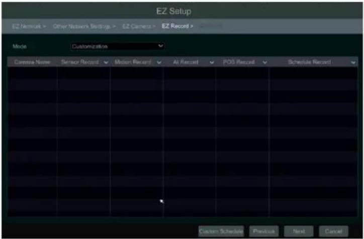 EZ Setup EZ Network > Other Network Settings > EZ Camera > EZ Record > Mode Customization Camera Name Sensor Record Motion Record AI Record POS Record Schedule Record Custom Schedule Previous Next Cancel