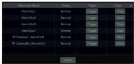 AlarmOut Name Status Trigger Clear AlarmOut1 Normal Trigger Clear AlarmOut2 Normal Trigger Clear AlarmOut3 Normal Trigger Clear AlarmOut4 Normal Trigger Clear IP Camera1_AlarmOut1 Normal Trigger Clear IP Camera2_AlarmOut1 Normal Trigger Clear Clear
