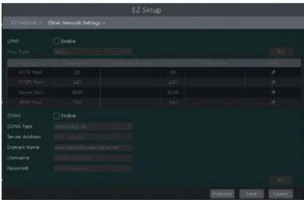 EZ Setup EZ Network > Other Network Settings > UNIP Enable Main Type 800 NETP Port 80 HTTPS Port 443 Server Port 8036 BISSP Port 916 DOHS Enable DOHS Type computing net Server Address Domain Name computing NTM Username Password This Document Prevalence Next Cancel