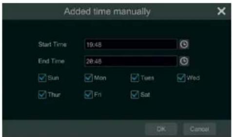 Added time manually Start Time 19:48 End Time 20:48 Sun Mon Tues Wed Thur Fri Sat OK Cancel