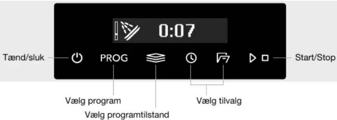 Tænd/sluk PROG Vælg program Vælg programtilstand 0:07 Start/Stop Vælg tilvalg