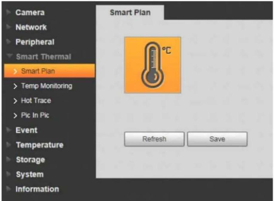 Camera Network Peripheral Smart Thermal > Smart Plan > Temp Monitoring > Hot Trace > Pic In Pic Event Temperature Storage System Information Smart Plan °C Refresh Save