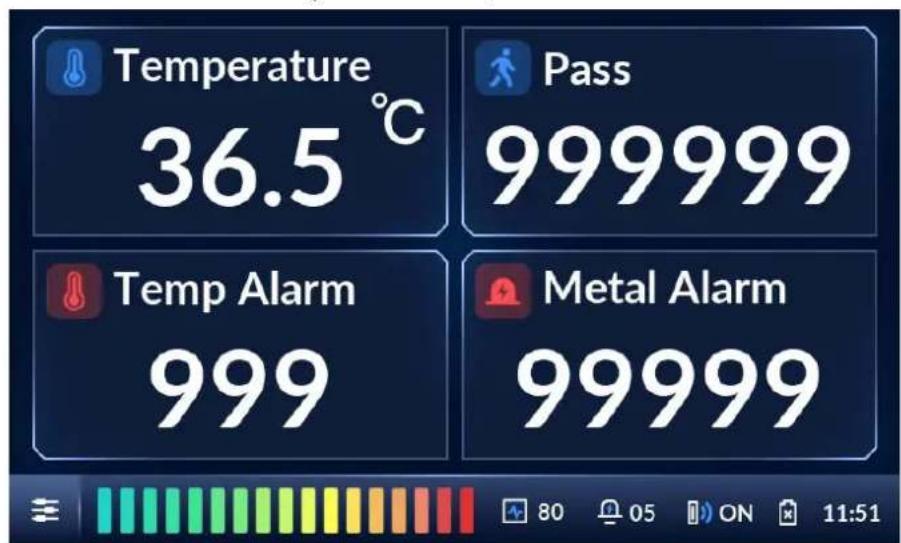 Temperature 36.5 °C Pass 999999 Temp Alarm 999 Metal Alarm 99999