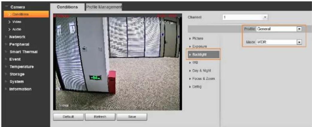 Camera Conditions Video Audio Network Peripheral Smart Thermal Event Temperature Storage System Information Conditions Profile Management Channel 1 Profile General Picture Exposure Backlight WB Day & Night Focus & Zoom Defog Mode WDR Default Refresh Save