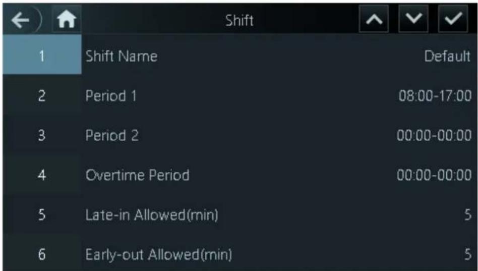 Shift 1 Shift Name Default 2 Period 1 08:00-17:00 3 Period 2 00:00-00:00 4 Overtime Period 00:00-00:00 5 Late-in Allowed(min) 5 6 Early-out Allowed(min) 5