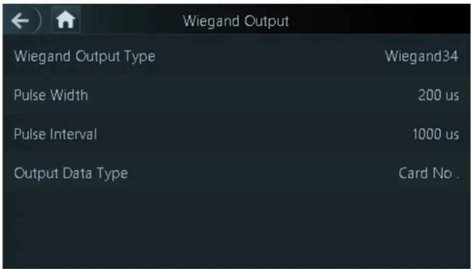 Wiegand Output Wiegand Output Type Wiegand34 Pulse Width 200 us Pulse Interval 1000 us Output Data Type Card No.