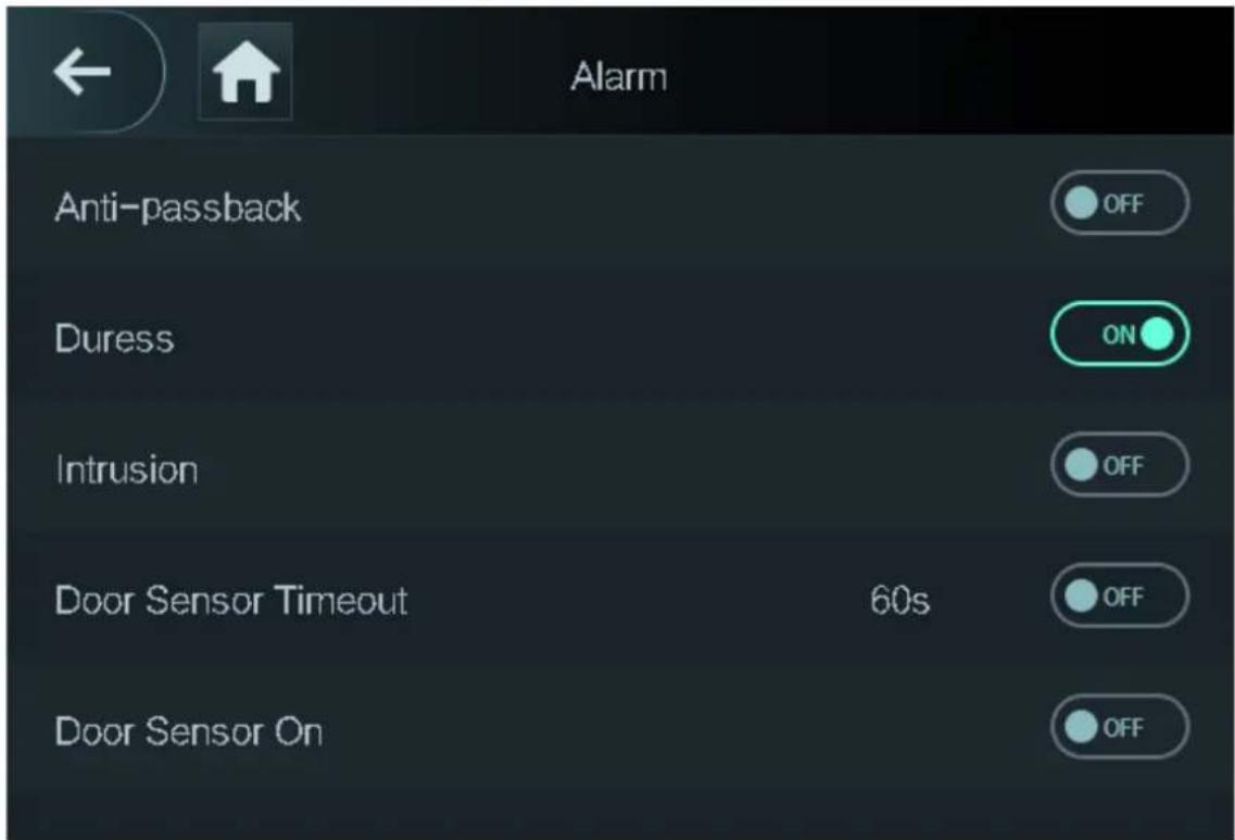 Alarm Anti-passback OFF Duress ON Intrusion OFF Door Sensor Timeout 60s OFF Door Sensor On OFF