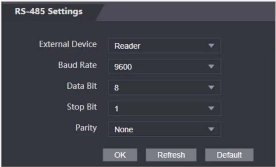 RS-485 Settings External Device Reader Baud Rate 9600 Data Bit 8 Stop Bit 1 Parity None OK Refresh Default