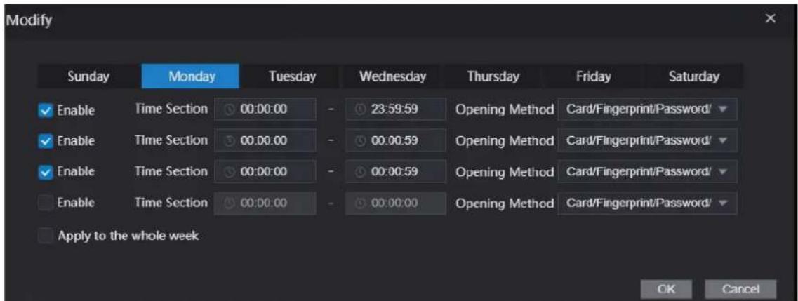 Modify Sunday Monday Tuesday Wednesday Thursday Friday Saturday Enable Time Section 00:00:00 - 23:59:59 Opening Method Card/Fingerprint/Password/ Enable_TIME Section 00:00:00 - 00:00:59 Opening Method Card/Fingerprint/Password/ Enable_TIME Section 00:00:00 - 00:00:59 Opening Method Card/Fingerprint/Password/ Enable_TIME Section 00:00:00 - 00:00:00 Opening Method Card/Fingerprint/Password/ Apply to the whole week OK Cancel
