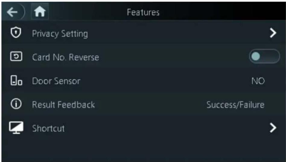Features Privacy Setting Card No. Reverse Door Sensor Result Feedback Shortcut NO Success/Failure