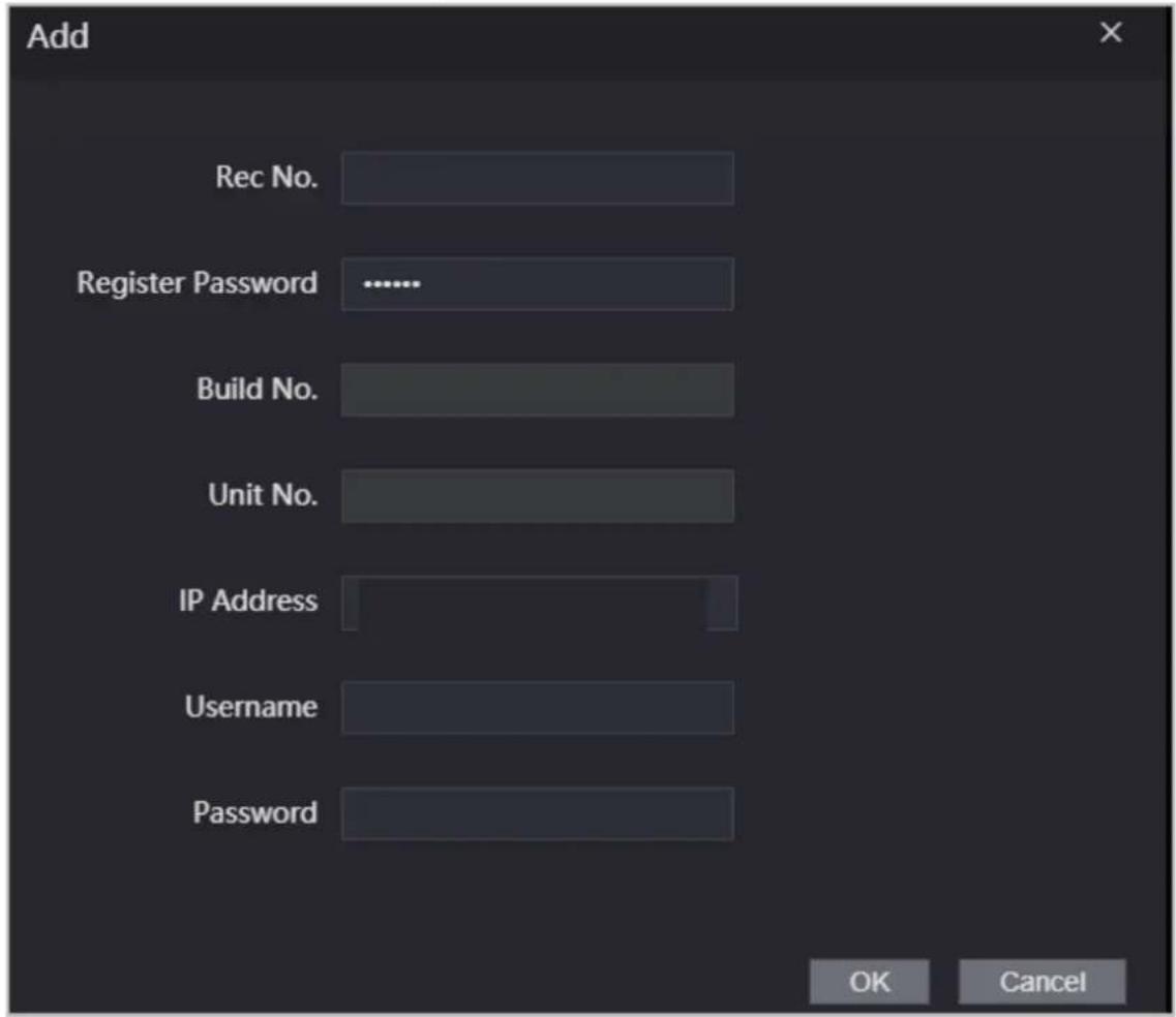 Add Rec No. Register Password ...... Build No. Unit No. IP Address Username Password OK Cancel