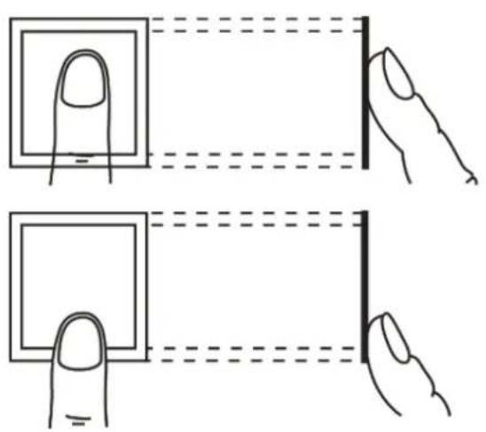 Diagram illustrating finger positioning and alignment of a rectangular object, showing top-down and side views with dashed lines indicating measurement or alignment.