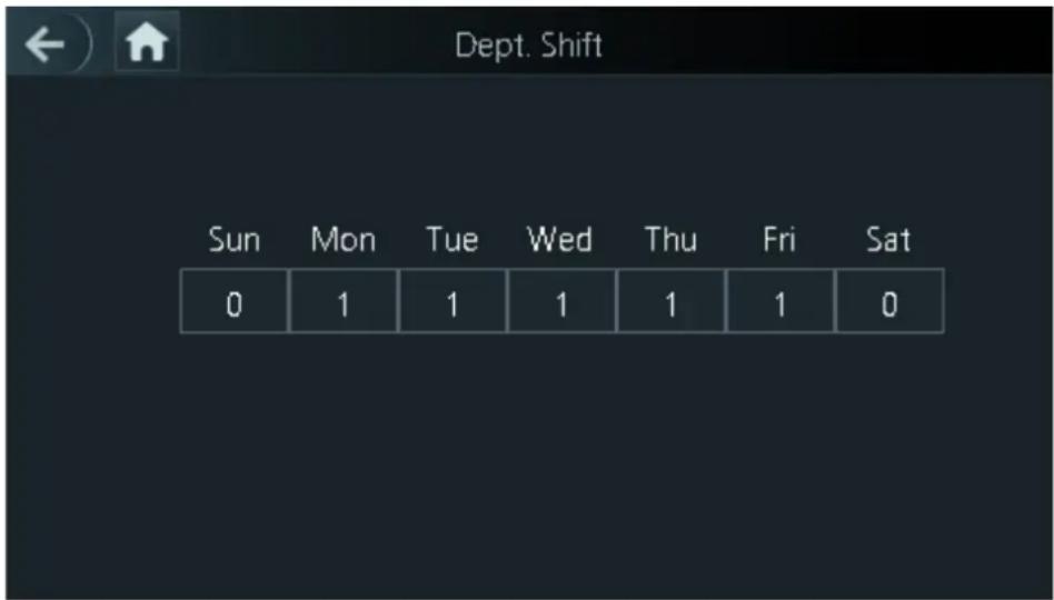 Dept. Shift Sun Mon Tue Wed Thu Fri Sat 0 1 1 1 1 1 0