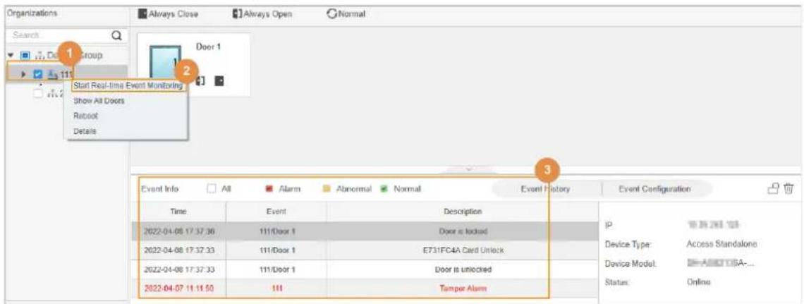 Organizations Always Close Always Open Normal Search 1 Group Start Real-time Event Monitoring Show All Doors Reboot Details Door 1 Event Info All Alarm Abnormal Normal Event History Event Configuration Time Event Description 2022-04-08 17:37:36 111/Door 1 Door is locked 2022-04-08 17:37:33 111/Door 1 E731FC4A Card Unlock 2022-04-08 17:37:33 111/Door 1 Door is unlocked 2022-04-07 11:11:50 111 Tamper Alarm IP Device Type: Access Standalone Device Model: ASCO USA... Status: Online