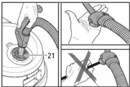 Technical diagram showing hands using a hose to adjust a component, with numbered callouts and cross marks indicating inspection or failure.