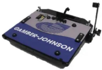 3D rendering of a blue and gray industrial device labeled 'GAMBER-JOHNSON' (no additional text or symbols visible)