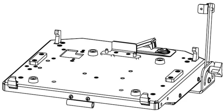 Technical line drawing of a mechanical assembly with mounting holes and a vertical support bracket (no text or symbols)