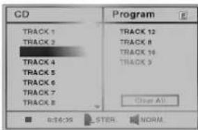 CD Program TRACK 1 TRACK 2 TRACK 4 TRACK 5 TRACK 6 TRACK 7 TRACK 8 TRACK 12 TRACK 8 TRACK 16 TRACK 9 Clear All 0:36:35 STER. NORM.
