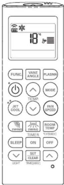 18°C FUNC. VANE ANGLE PLASMA ° 功 功 功 TEMP. JET COOL ✓ FAN SPEED SWING SWING ROOM TEMP TIMER "CERIC" SLEEP ON OFF ✓ SET CLEAR LIGHT TIME(SEC)