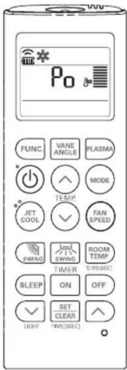 Po FUNC VANE PLASMA MODE TEMP JET COOL FAN SPEED SWING SWING ROOM TEMP TIMER "C/FRSEC" SLEEP ON OFF SET CLEAR LIGHT TIME(SRC)