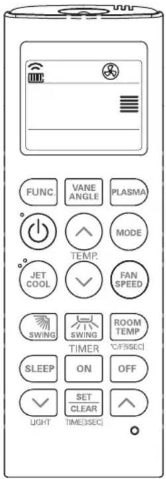 FUNC. VANE ANGLE PLASMA TEMP. JET COOL FAN SPEED SWING SWING ROOM TEMP TIMER °C/°SSEC) SLEEP ON OFF SET CLEAR LIGHT TIME[3SEC]