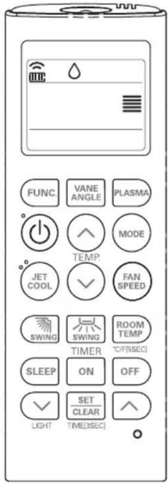 FUNC. VANE ANGLE PLASMA TEMP. JET COOL FAN SPEED SWING SWING ROOM TEMP TIMER °C/°SSEC SLEEP ON OFF SET CLEAR LIGHT TIME[3SEC]