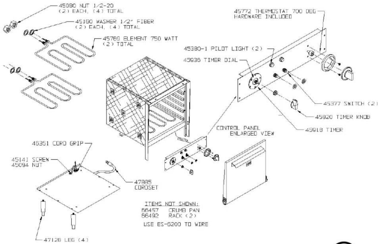 45080 NUT 1/2-20 (2) EACH, (4) TOTAL 45160 WASHER 1/2" FIBER (2) EACH, (4) TOTAL 45769 ELEMENT 750 WATT (2) TOTAL 45380-1 PILOT LIGHT (2) 45936 TIMER DIAL 45377 SWITCH (2) 45920 TIMER KNOB 45918 TIMER CONTROL PANEL ENLARGED VIEW 46351 CORD GRIP 45141 SCREW 45094 NUT 47885 CORDSET 47128 LEG (4) ITEMS NOT SHOWN: 66457 CRUMB PAN 66492 RACK (2) USE ES-6200 TO WIRE