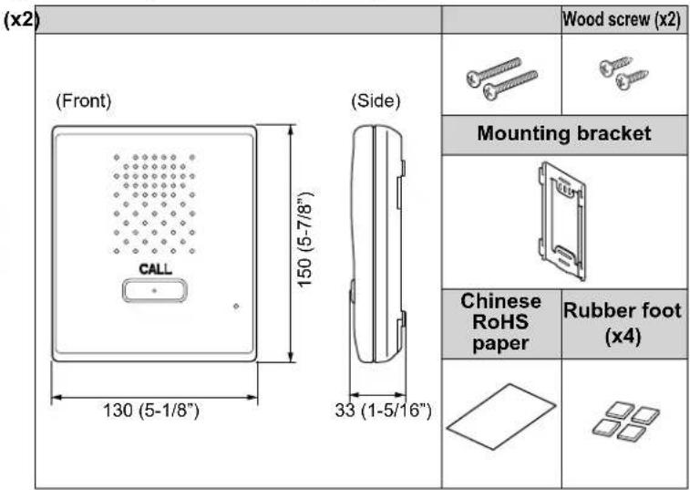 (x2) (Front) 130 (5-1/8") 150 (5-7/8") (Side) 33 (1-5/16") Mounting bracket Chinese RoHS paper Rubber foot (x4)