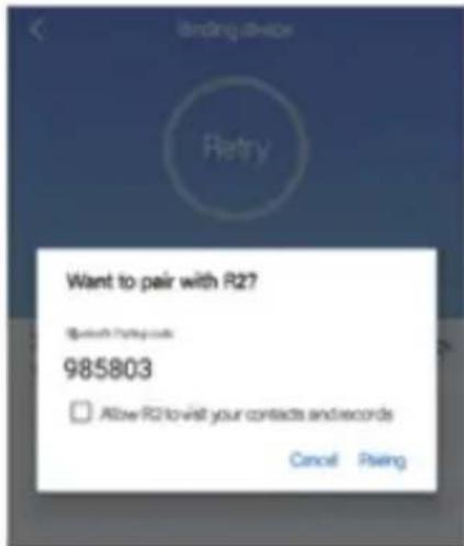 Binding device Retry Want to pair with R27 @spirech.com 985803 Allow R27 to visit your contacts and records Cancel Rising