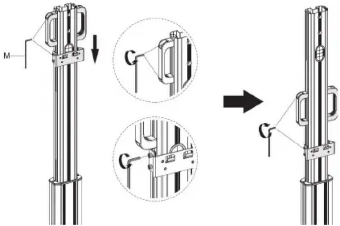 Technical diagram illustrating the assembly of a mechanical component with labeled parts and cross-sectional views.