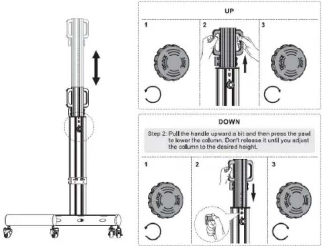 UP 1 2 3 DOWN Step 2: Pull the handle upward a bit and then press the pawl to lower the column. Don't release it until you adjust the column to the desired height. 1 2 3